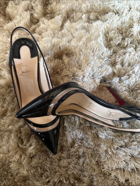 Christian Louboutin Shoes - Christian Louboutin Black Patent Pointed-Toe Slingback Pumps with Clear Panels